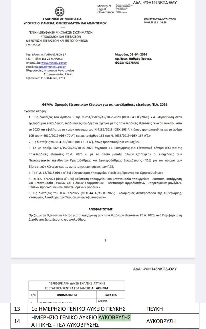 Εξεταστικό κέντρο Πανελλαδικών εξετάσεων το Λύκειο Λυκόβρυσης