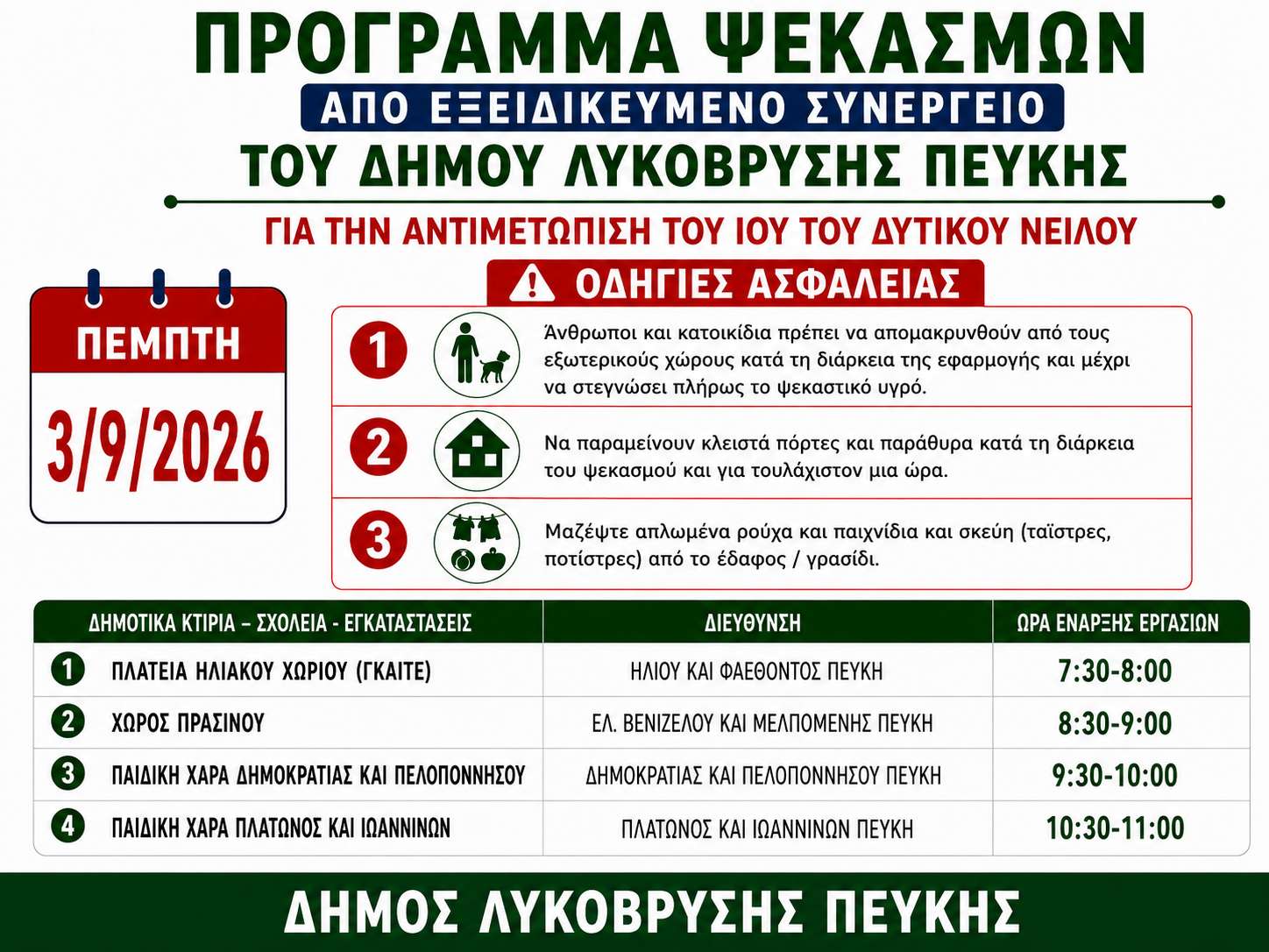 Προγραμματισμένοι ψεκασμοί για την αντιμετώπιση μετάδοσης του ιού του Δυτικού Νείλου την Πέμπτη 3 Σεπτεμβρίου 2026
