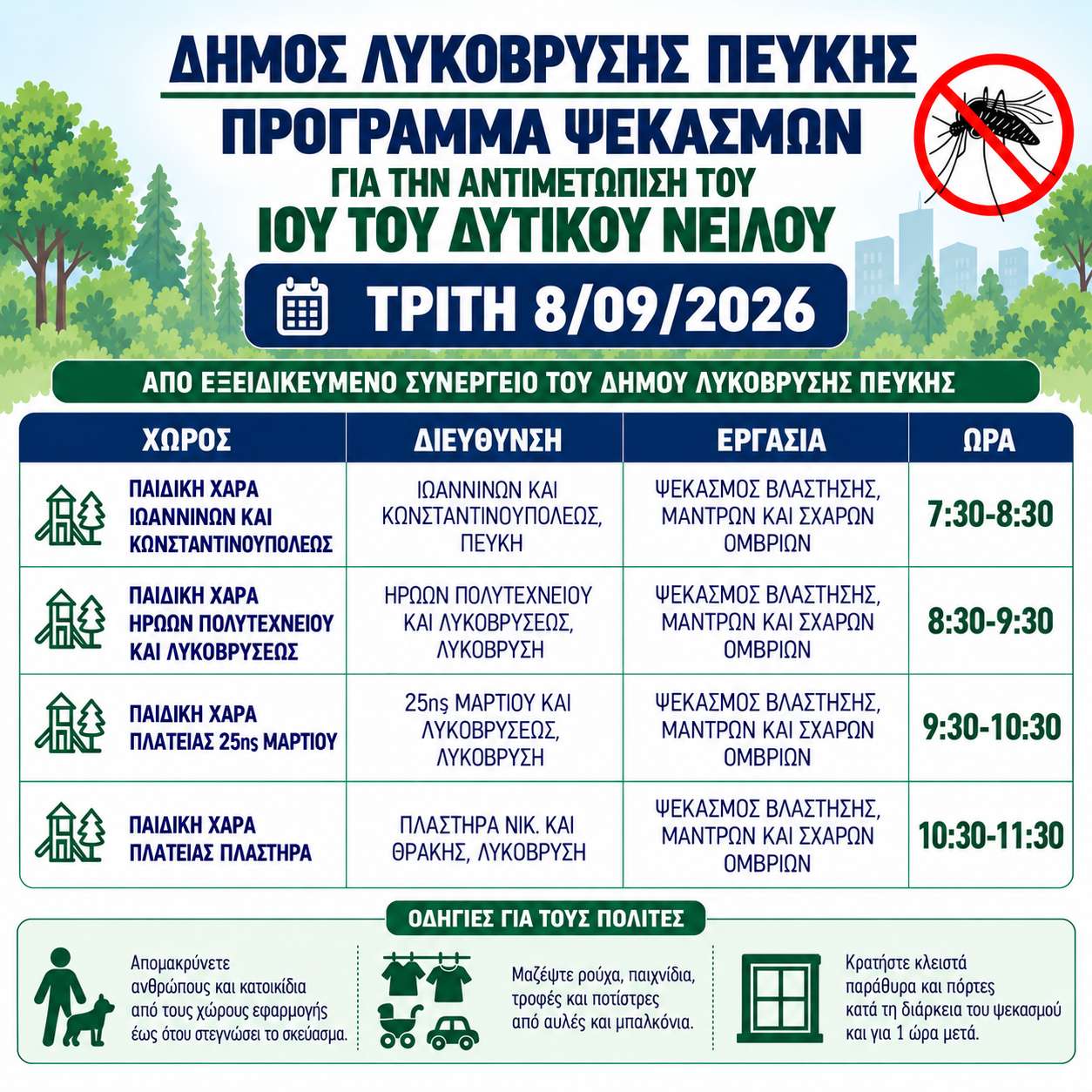 Πρόγραμμα εργασιών κουνουποκτονίας την Τρίτη 8/09/2026, από τον Δήμο Λυκόβρυσης – Πεύκης 